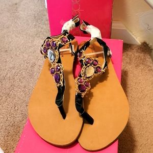 Women's Black Patent and Rhinestones Stone Thomg Sandal